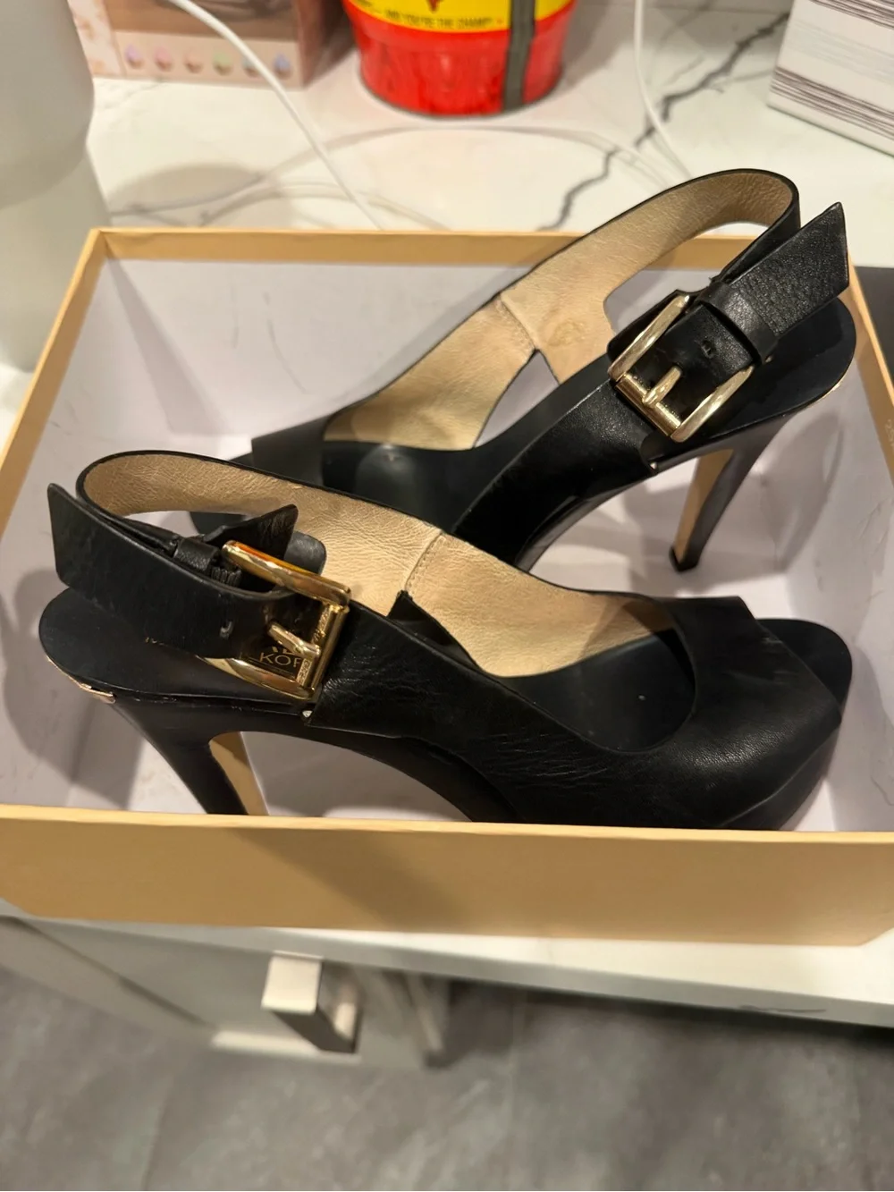 Michael Kors Black Leather Open-Toe Slingback Heels